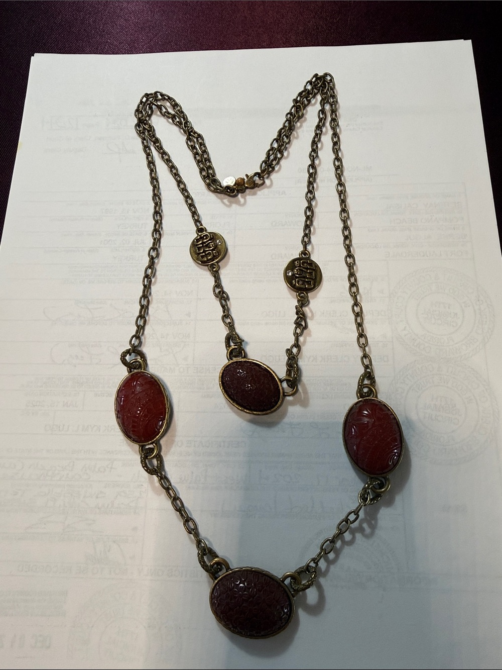S10 Antique-Style Red Stone Multi-Pendant Necklace